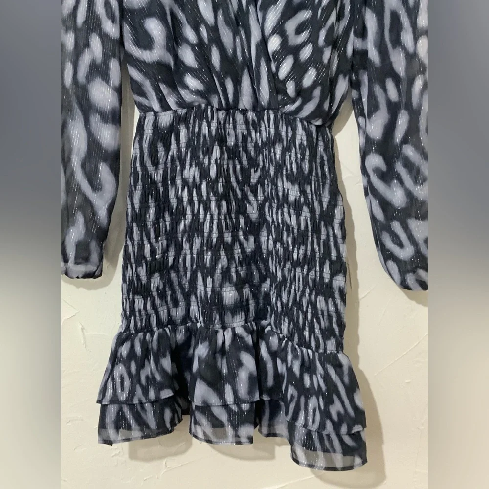 Socialite Metallic Chiffon Smock Waist Ruffle Hem Long Sleeve Mini Dress Sz XS